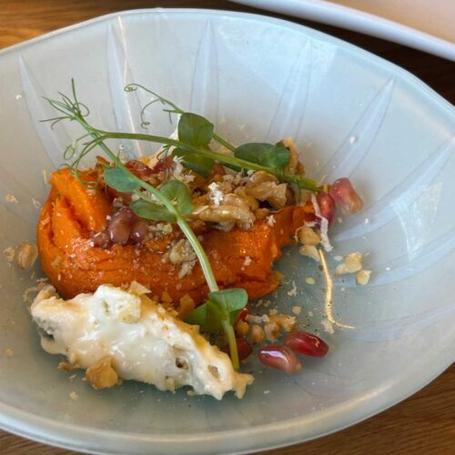 Sweet potato with gorgonzola, pomegranate, and walnuts