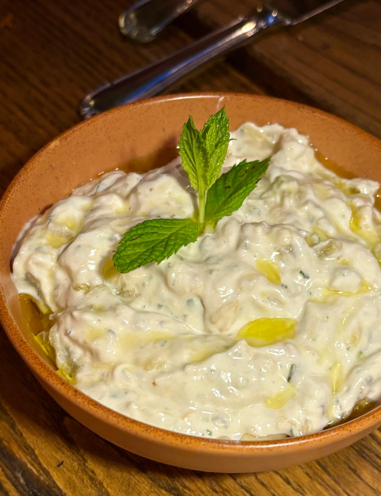 Mashed Eggplant with Tahini, Strained Yoghurt and Fresh Mint